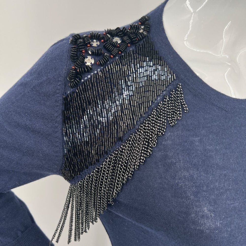 Annarita N Knit Couture Blue Pullover Sweater With Beaded Shoulders Chain Fringe